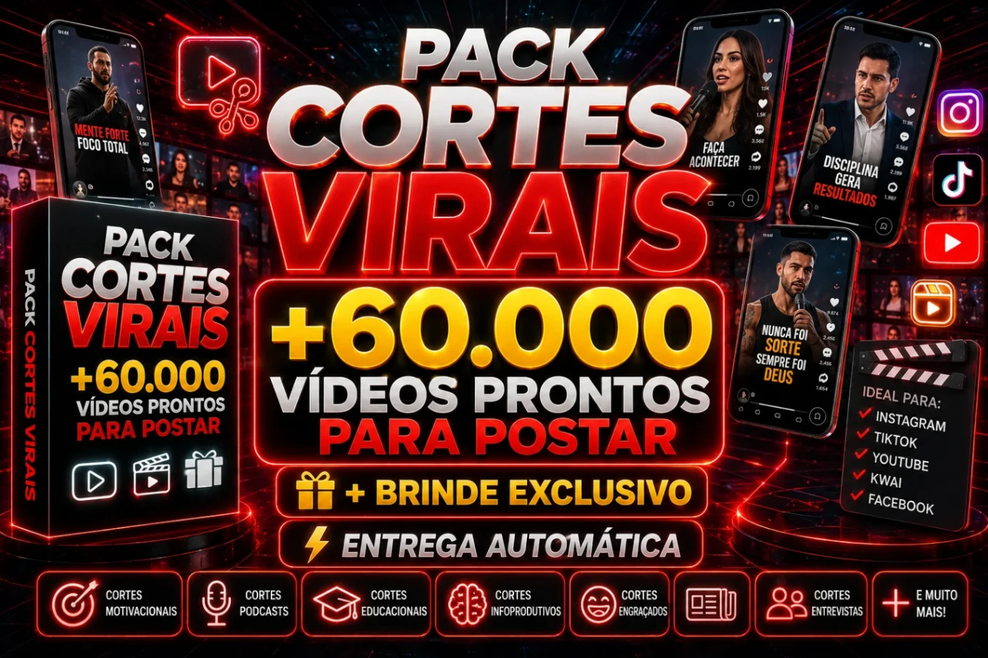 PACK CORTES VIRAIS +60.000 VÍDEOS PRONTOS PARA POSTAR + BRINDE - ENTREGA AUTOMATICA